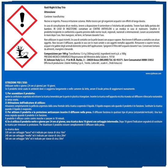 Avvertenze di pericolo e Istruzioni d'uso di Raid Night & Day Ricarica