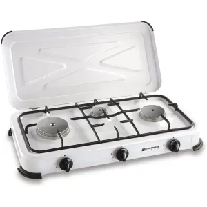 Fornello a Gas Campeggio Kemper - Cucina Portatile a Gas, 3 bruciatori, coperchio e griglia.