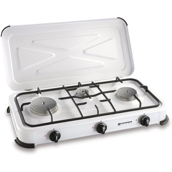 Fornello a Gas Campeggio Kemper - Cucina Portatile a Gas, 3 bruciatori, coperchio e griglia.