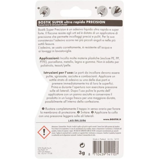 Avvertenze e Modalità d'uso di Bostik Super Precision Adesivo Istantaneo Universale Super Forte 3g
