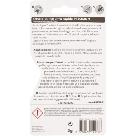 Avvertenze e Modalità d'uso di Bostik Super Precision Adesivo Istantaneo Universale Super Forte 3g