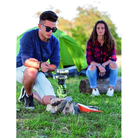 Kemper Fornellino a Gas con Accensione elettronica, in uso in campeggio con una pentola sopra