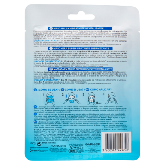 Informazioni dettagliate sul retro della confezione della Maschera Viso in Tessuto al Melograno Garnier Hydra Bomb