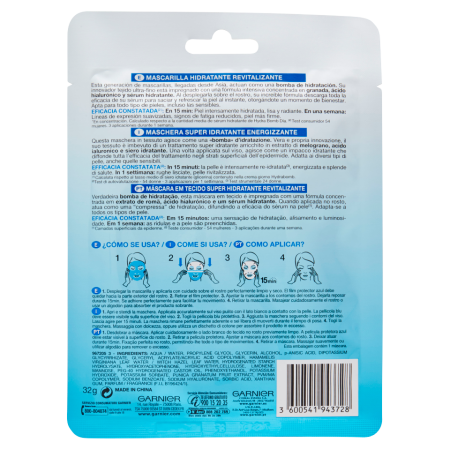 Informazioni dettagliate sul retro della confezione della Maschera Viso in Tessuto al Melograno Garnier Hydra Bomb