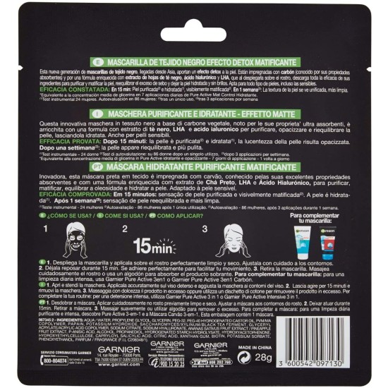 Informazioni dettagliate sul retro della confezione - Maschera in Tessuto Garnier Hydra Bomb al Carbone Vegetale