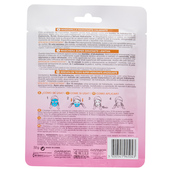 Informazioni sul retro della confezione della Maschera Garnier Viso Tessuto alla Camomilla