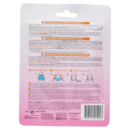 Informazioni sul retro della confezione della Maschera Garnier Viso Tessuto alla Camomilla