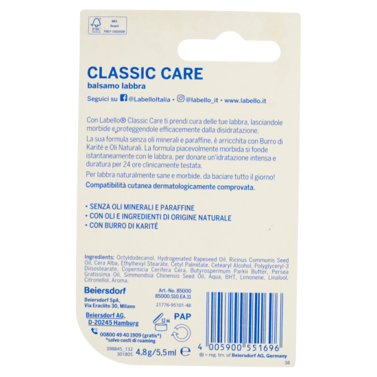 Informazioni dettagliate sul retro della confezione labello classic care