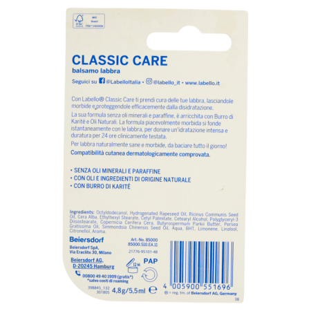 Informazioni dettagliate sul retro della confezione labello classic care