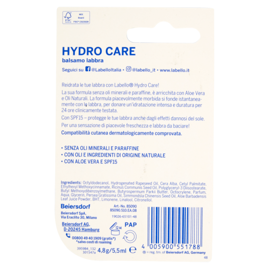 Informazioni ed incredienti sul retro della confezione del Labello Hydro Care