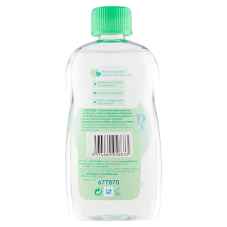 Informazioni e avvertenze sulla confezione Johnson Baby Olio Aloe Vera