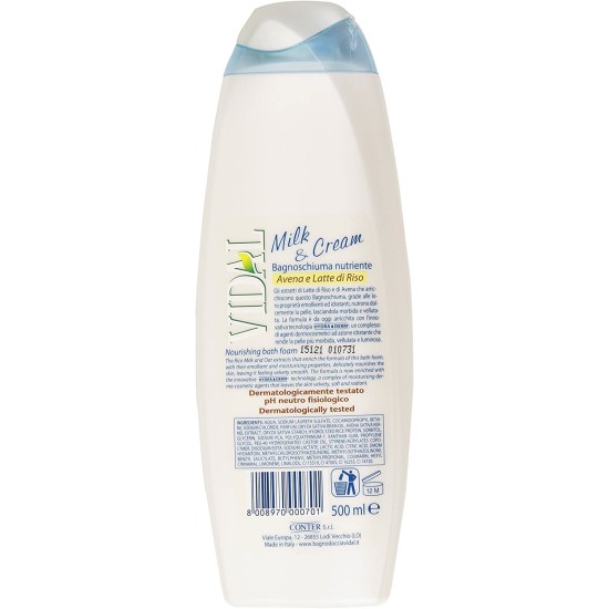 Informazioni e avvertenze sul retro della confezione Vidal BagnoSchiuma Bagnodoccia Latte di Riso e Avena