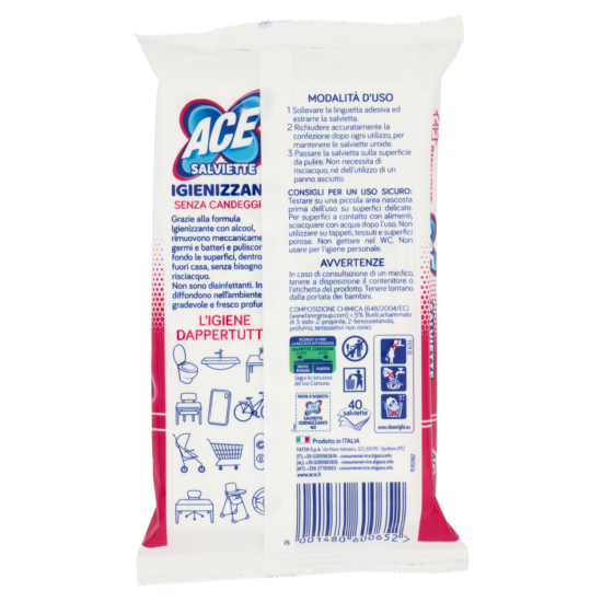 Informazioni e modalità d'uso di Ace Salviette Igienizzanti con alcool 40 pezzi
