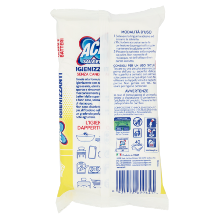 Informazioni e modalità d'uso di Ace Salviette Igienizzanti con Azione Sgrassante 40 pezzi