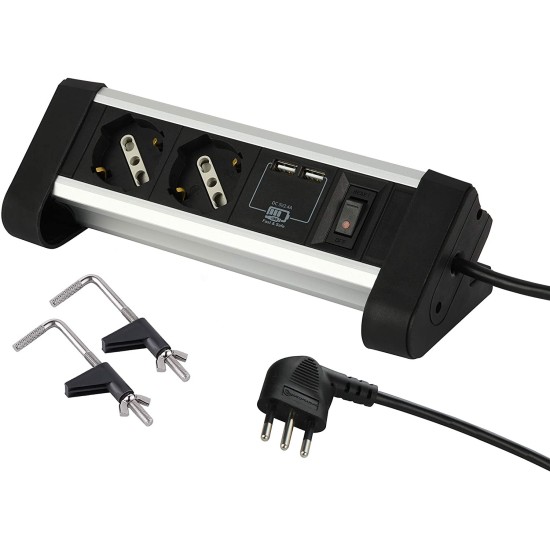 Ciabatta da Scrivania Electraline - Multipresa con USB 2.4A con spina Salvaspazio e ganci di fissaggio.