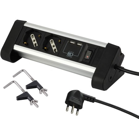 Ciabatta da Scrivania Electraline - Multipresa con USB 2.4A con spina Salvaspazio e ganci di fissaggio.