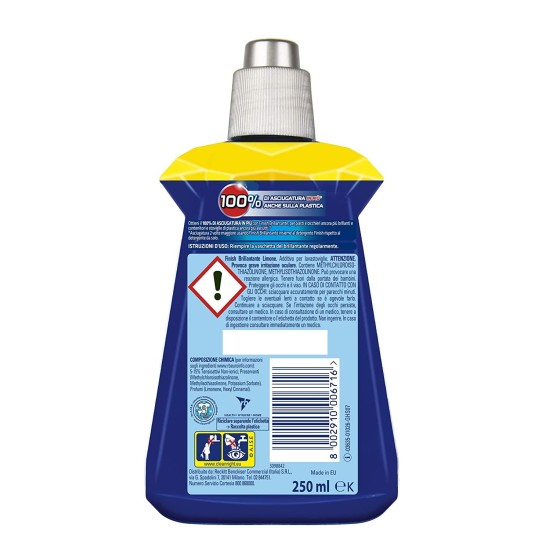 Informazioni e avvertenze dettagliate sul retro della  Confezione Brillantante Finish Lemon da 250ml