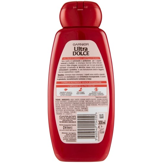 Retro Confezione con Informazioni su Garnier Ultra Dolce Shampoo all'Olio di Argan e Mirtillo Rosso