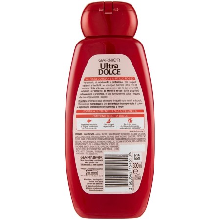 Retro Confezione con Informazioni su Garnier Ultra Dolce Shampoo all'Olio di Argan e Mirtillo Rosso