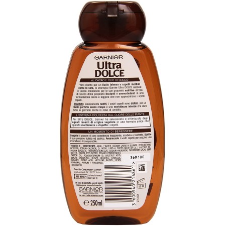 Informazioni ed ingredienti sul retro della Confezione di Shampoo Garnier Ultra Dolce Olio di Cocco e Burro di Cacao 300ml