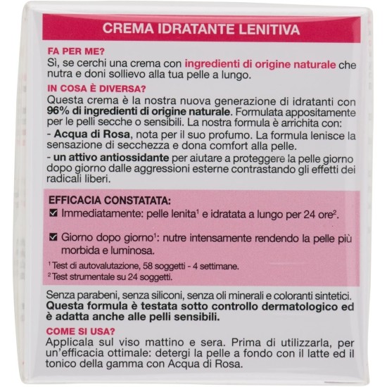 Info su confezione crema idratante acqua di rose 50ml per pelli secche