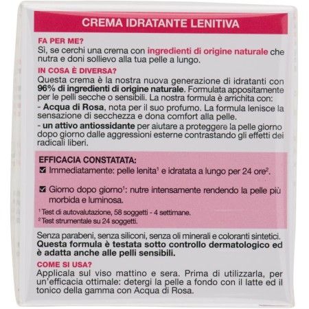 Info su confezione crema idratante acqua di rose 50ml per pelli secche
