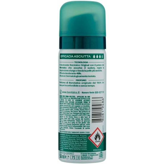informazioni sulla confezione del Deodorante da viaggio Spray Borotalco 50ml