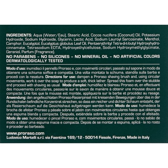 informazioni di uso e ingredienti su confezione del Sapone da Barba Proraso Verde in Ciotola da 150ml