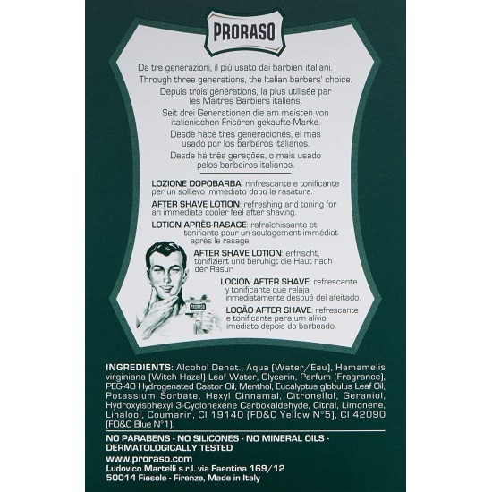 Informazioni e Ingredienti sulla confezione della Lozione Proraso Dopobarba - Rinfrescante 100ml