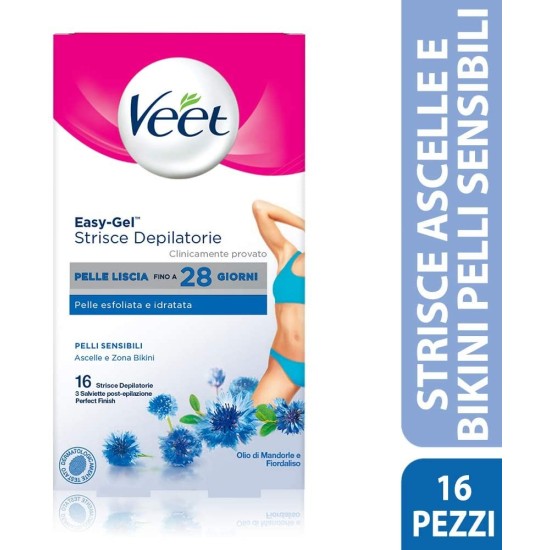 Confezione Strisce Depilatorie Veet  dettaglio scritto laterale: per ascelle e bikini 16 strisce per pelli sensibili