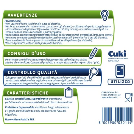 Avvertenze, Modalità d'uso e caratteristiche della Pellicola Alimentare Trasparente Cuki