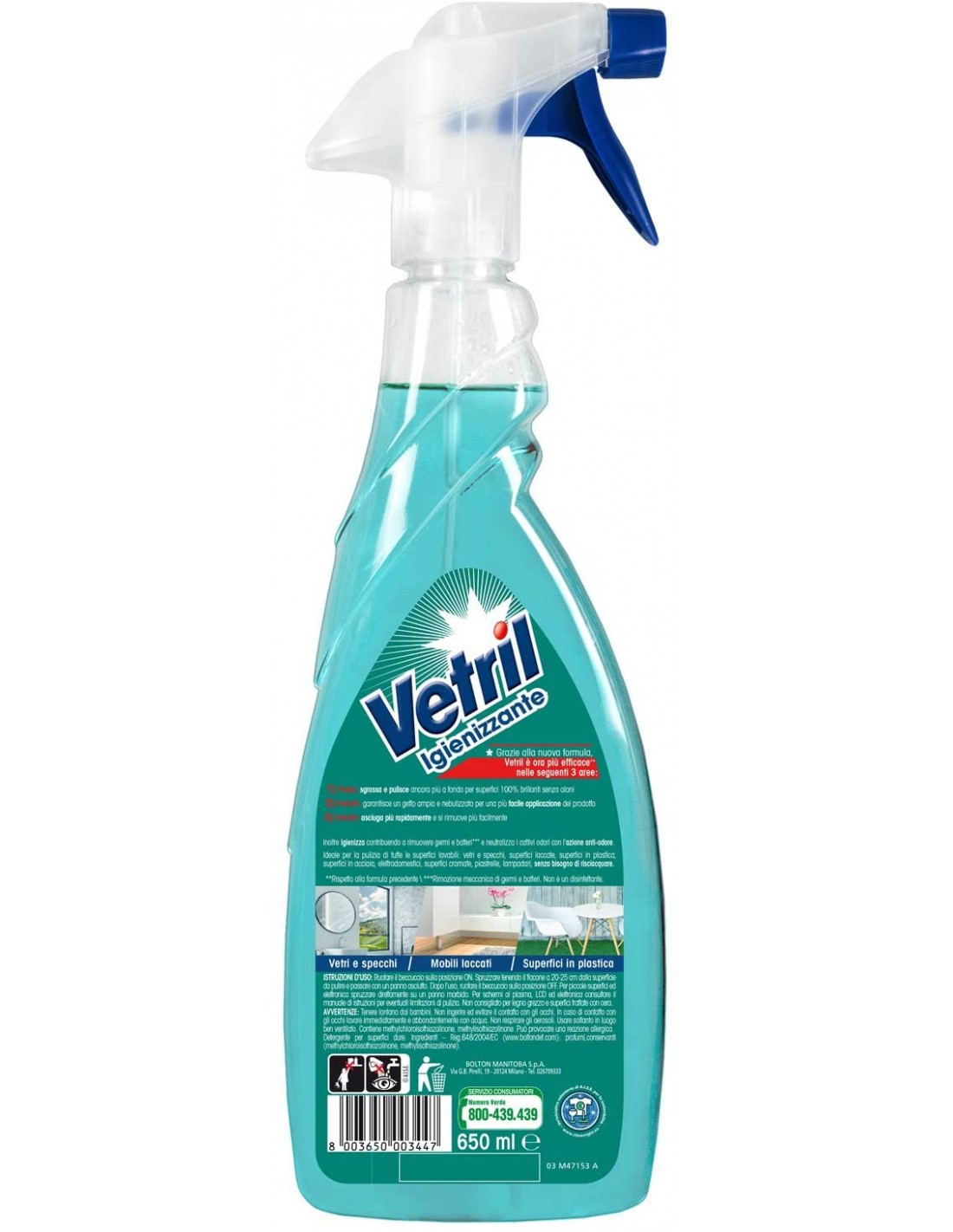 Vetril Spray Igienizzante Superfici Contro Batteri e Cattivi Odori  Brillantezza Senza Aloni 650 ml