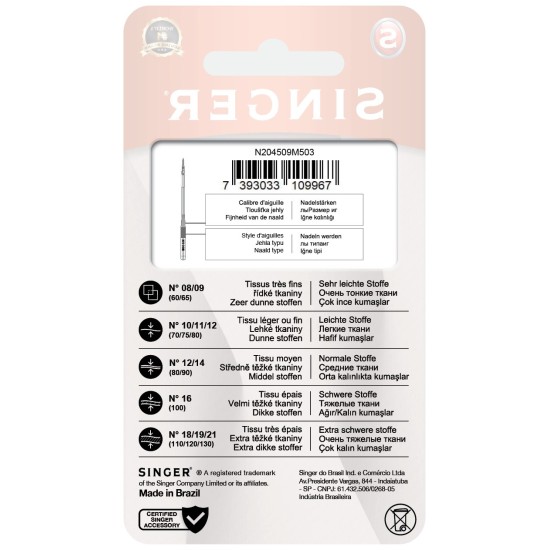 Codice a barre Singer 5 Aghi 2045 (70/10) per Macchina da Cucire  - Tessuti Elastici e Informazioni in varie lingue