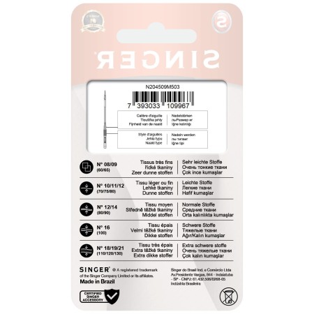 Codice a barre Singer 5 Aghi 2045 (70/10) per Macchina da Cucire  - Tessuti Elastici e Informazioni in varie lingue