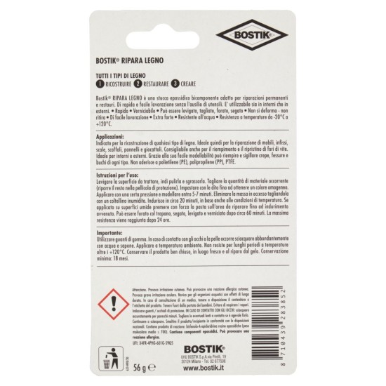Confezione Retro con Avvertenze e modalità d'uso di Bostik Ripara Legno Blister Stucco Epossidico 56gr