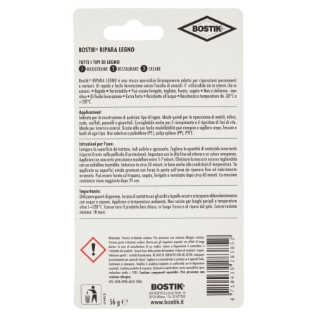 Confezione Retro con Avvertenze e modalità d'uso di Bostik Ripara Legno Blister Stucco Epossidico 56gr