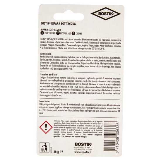 Istruzioni e modalità d'uso di Bostik Ripara Sott’Acqua stucco epossidico 56g applicabile sott’acqua.