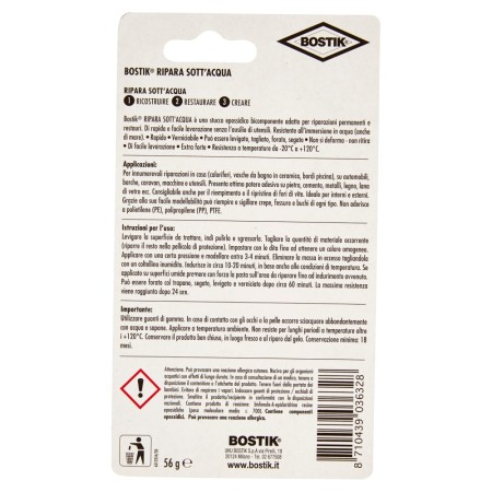 Istruzioni e modalità d'uso di Bostik Ripara Sott’Acqua stucco epossidico 56g applicabile sott’acqua.