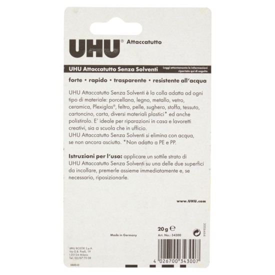 Informazioni e Istruzioni su UHU Attaccatutto Colla Senza Solventi 20g