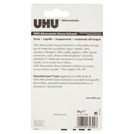 Informazioni e Istruzioni su UHU Attaccatutto Colla Senza Solventi 20g
