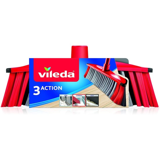Vileda 3Action Scopa per Interni con 3 Setole, Rosso - Grigio, 28x14x4Cm