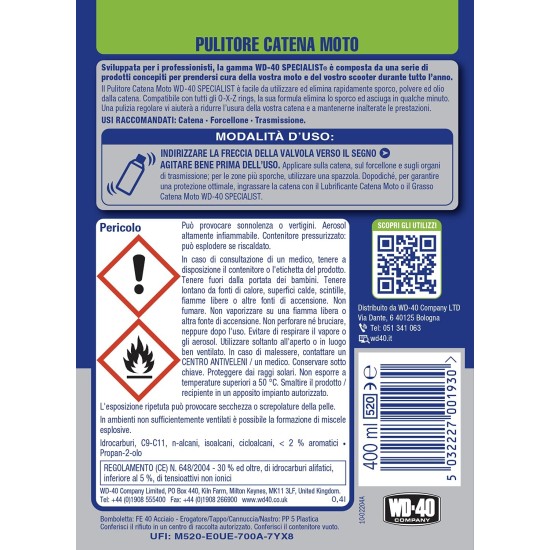 etichetta informazioni Wd40 Pulitore Catena
