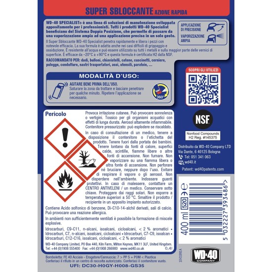 Informazioni e avvertenze sull'etichetta WD 40 Specialist  Super Sbloccante