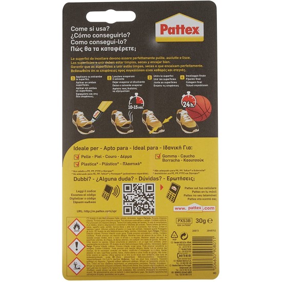 informazioni sul retro della confezione del Pattex Colla Per Scarpe - 30g