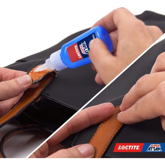 Loctite Super Attak XXL in uso per incollare il manico di una borsa in pelle